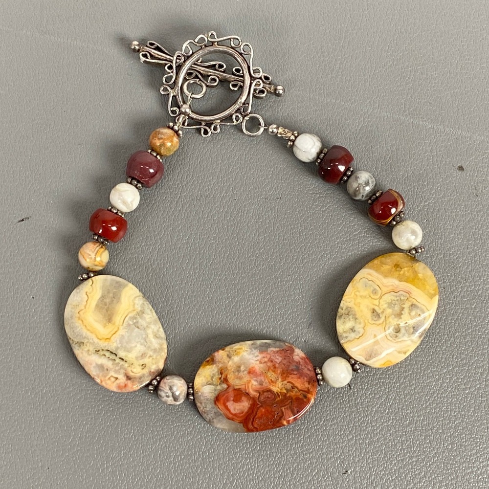 Artisan Sterling Silver Lace Agate Carnelian Beaded Toggle Bracelet 7.25"